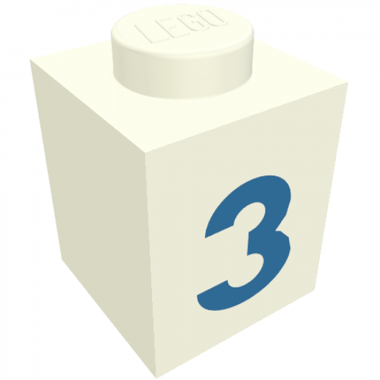 Brick 1 x 1 with Blue '3' Pattern (Bold Font)