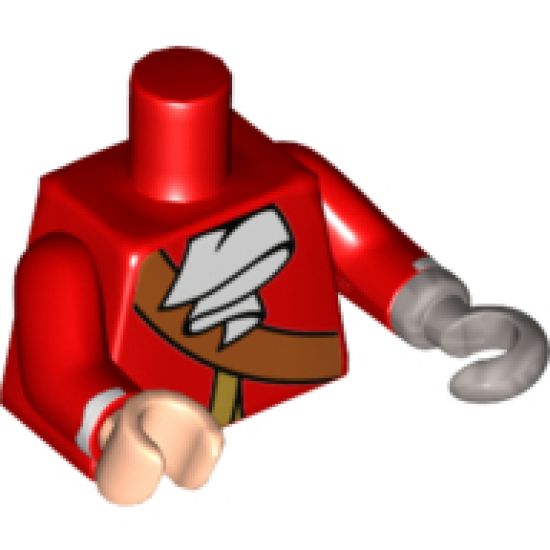 Torso Pirate Gold Trim, Crossbelt, White Ascot Pattern / Red Arms with White Stripe Pattern / Light Nougat Hand Right / Flat Silver Hook Left