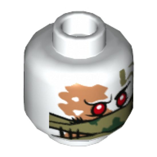 Minifigure, Head Alien Ninjago Red Eyes, Olive Green Bandana Wrap, Green Splotches, Stitching Pattern - Hollow Stud