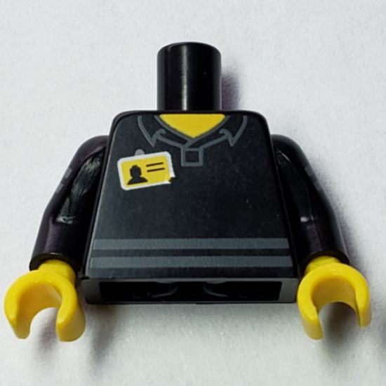 Torso Shirt with Collar, Dark Bluish Gray Stripes and Yellow Name Tag Pattern / Black Arms with Dark Bluish Gray Stripes Pattern / Yellow Hands