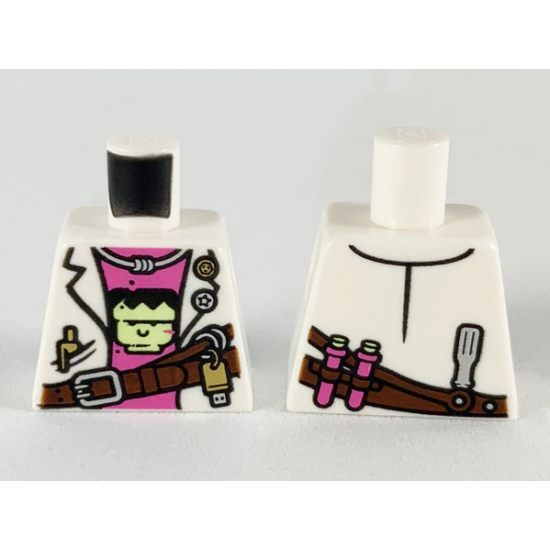 Torso Female Lab Coat over Dark Pink Undershirt with Frankenstein Design and Reddish Brown Belt Pattern