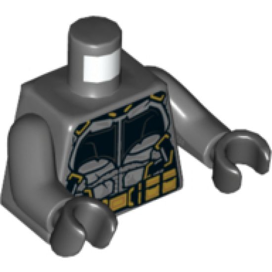 Torso Tactical Armor with Silver Plates, Black Bat, and Gold Utility Belt Pattern / Dark Bluish Gray Arms / Black Hands