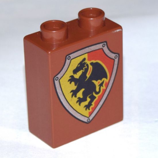 Duplo, Brick 1 x 2 x 2 with Shield - Dragon with Yellow and Red Background Pattern
