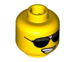 Minifigure, Head Glasses with Black Sunglasses Large and Lopsided Smile Wide with Teeth Pattern - Hollow Stud