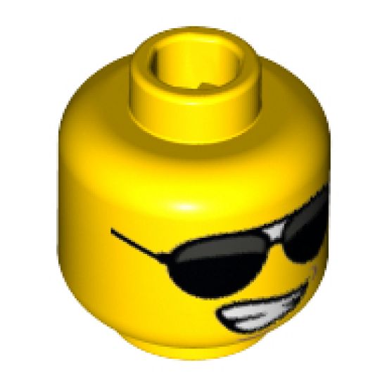 Minifigure, Head Glasses with Black Sunglasses Large and Lopsided Smile Wide with Teeth Pattern - Hollow Stud