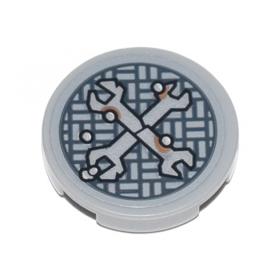 Tile, Round 2 x 2 with Bottom Stud Holder with Silver Crossed Wrenches over Metal Mesh with Rivets Pattern (Sticker) - Set 70840