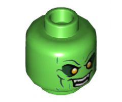 Minifigure, Head Dual Sided Alien Dark Green Eyebrows and Cheek Lines, Small Yellow Eyes, Smile / Angry Pattern - Hollow Stud