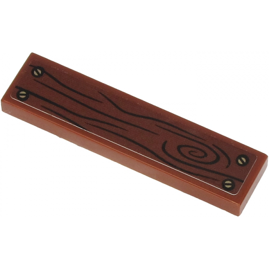 Tile 1 x 4 with Wood Grain and 4 Screws on Reddish Brown Background Pattern (Sticker) - Set 71705