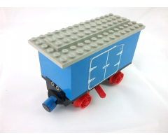 Train Battery Box Car with Three Contact Holes, Red Switch Lever, Blue and Red Magnets, Red Wheels, and Light Gray Roof with Hinged Doors Pattern on Both Sides (Stickers) - Set 7720