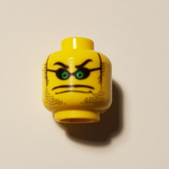Minifigure, Head Glasses Small with Green Eyes, Stubble, Thin Wide Moustache over Mouth Line Pattern - Blocked Open Stud