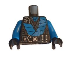 Torso Tunic Pearl Dark Gray Ninjago Logogram 'N', Dark Azure Panels, Dark Bluish Gray Mesh and Belt Pattern / Dark Azure Arms / Black Hands