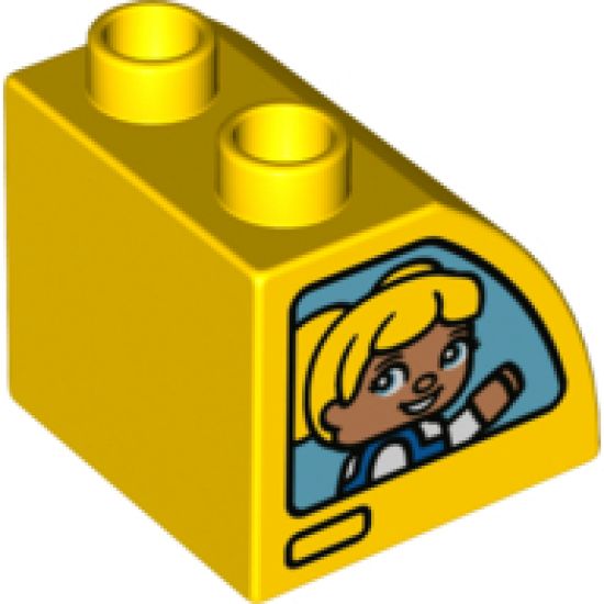 Duplo, Brick 2 x 2 x 1 1/2 with Curved Top with Boy with Blue Cap on One Side and Blond Girl on Other Side Pattern