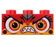 Brick 1 x 3 with Cat Face Teeth Bared, Eyes Aflame (Rage Kitty) Pattern