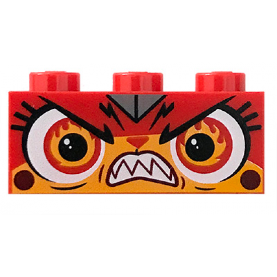 Brick 1 x 3 with Cat Face Teeth Bared, Eyes Aflame (Rage Kitty) Pattern