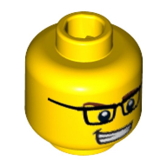 Minifigure, Head Glasses Rectangular, Brown Eyebrows, Open Mouth Smile with Teeth, White Pupils Pattern - Hollow Stud