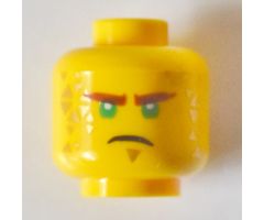 Minifigure, Head Reddish Brown Eyebrows, Green Eyes, Firm Expression, Gold Triangle Soul Patch and Tattoos Pattern - Hollow Stud
