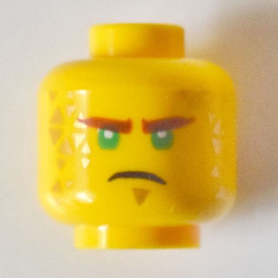 Minifigure, Head Reddish Brown Eyebrows, Green Eyes, Firm Expression, Gold Triangle Soul Patch and Tattoos Pattern - Hollow Stud