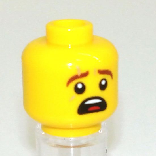 Minifigure, Head Dual Sided Reddish Brown Eyebrows with Scar, Surprised / HUD with Black Screen, Medium Azure Highlights Pattern - Hollow Stud