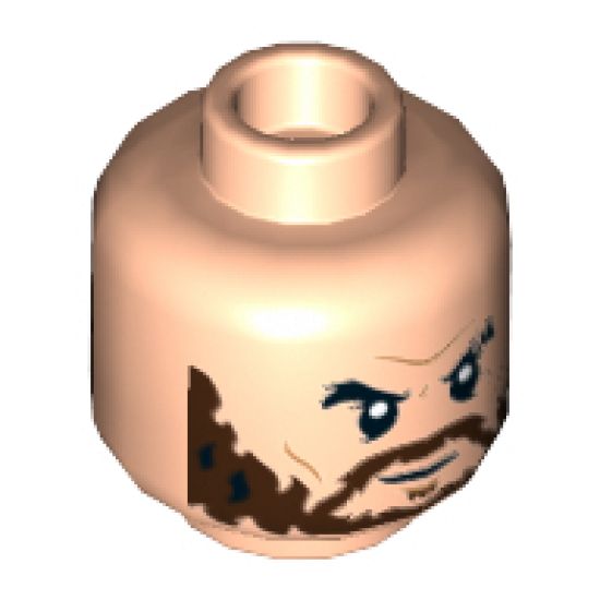 Minifigure, Head Dual Sided Black Eyebrows, Reddish Brown Beard, Neutral / Angry with White Eyes Pattern - Hollow Stud
