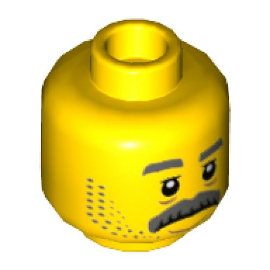 Minifigure, Head Gray Eyebrows, Moustache, Stubble, Sad Face Pattern - Hollow Stud