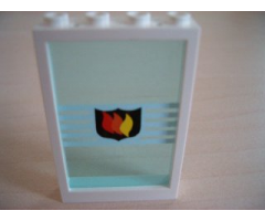 Window 1 x 4 x 5 with Trans-Light Blue Glass with White Stripes and Fire Logo Badge Pattern