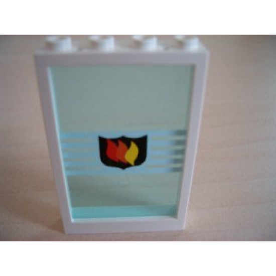 Window 1 x 4 x 5 with Trans-Light Blue Glass with White Stripes and Fire Logo Badge Pattern