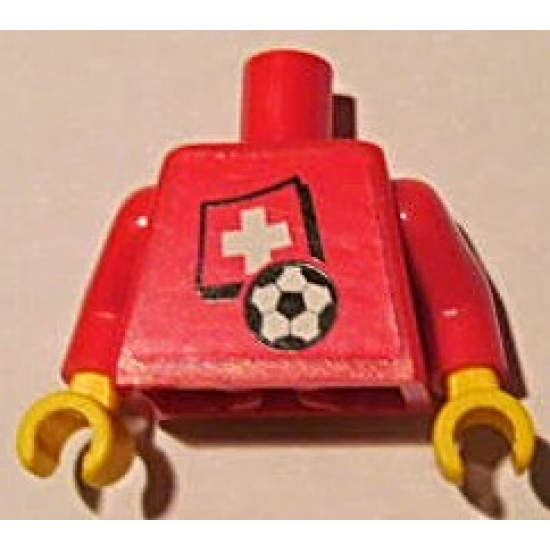 Torso Soccer Red/White Team, Swiss Flag Sticker Front, Black Number Sticker Back (specify number in listing) / Red Arms / Yellow Hands