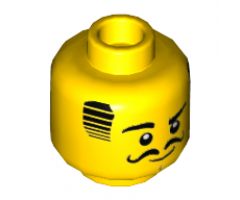 Minifigure, Head Black Hair, Eyebrows, Eyes, and Moustache, Raised Right Eyebrow Pattern - Hollow Stud