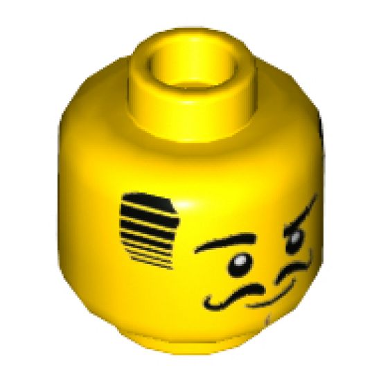 Minifigure, Head Black Hair, Eyebrows, Eyes, and Moustache, Raised Right Eyebrow Pattern - Hollow Stud