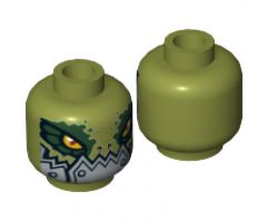 Minifigure, Head Alien Chima Crocodile with Dark Green Rimmed Eyes and Metallic Silver Plates with Rivets Lower Jaw Pattern - Hollow Stud