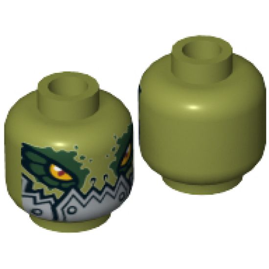 Minifigure, Head Alien Chima Crocodile with Dark Green Rimmed Eyes and Metallic Silver Plates with Rivets Lower Jaw Pattern - Hollow Stud