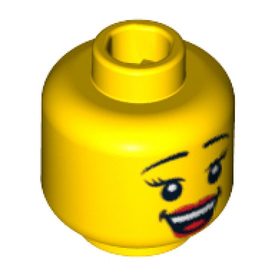 Minifigure, Head Female with Black Thin Eyebrows, Eyelashes, Red Lips and Open Smile Pattern - Blocked Open Stud