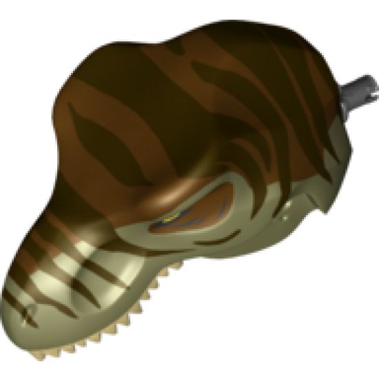 Animal, Body Part Dinosaur Head Tyrannosaurus rex with Pin, Tan Teeth, Reddish Brown Top and Dark Brown Stripes Pattern