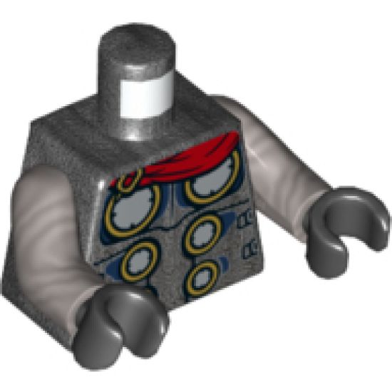 Torso Armor with 6 Metallic Silver Disks with Gold Edge, Red Cape and Detailed Back Pattern / Flat Silver Arms / Black Hands