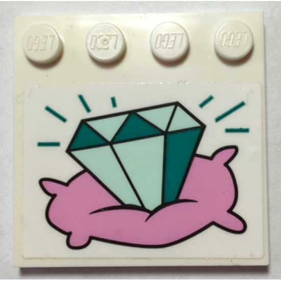 Tile, Modified 4 x 4 with Studs on Edge with Bright Pink Cushion and Large Green Faceted Gem Pattern (Sticker) - Set 41288