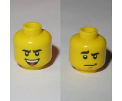 Minifigure, Head Dual Sided Black Curved Eyebrows, Brown Chin Dimple, Laughing / Worried Pattern - Blocked Open Stud