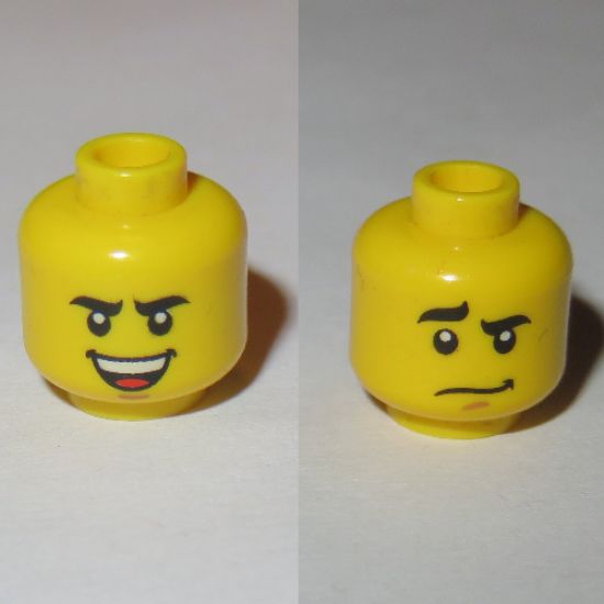 Minifigure, Head Dual Sided Black Curved Eyebrows, Brown Chin Dimple, Laughing / Worried Pattern - Blocked Open Stud
