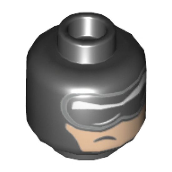 Minifigure, Head Balaclava, Black and White Mask with Silver Edge and Crooked, Off-Center Scowl on Nougat Face Pattern - Hollow Stud