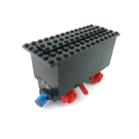 Train Battery Box Car with Two Contact Holes, Red Switch Lever, Blue and Red Magnets, Red Wheels, and Black Roof