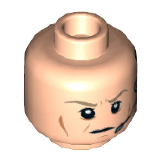 Minifigure, Head Male Dark Tan Eyebrows Furrowed, Cheek Lines, Frown, Headset Pattern (SW Airen Cracken) - Hollow Stud