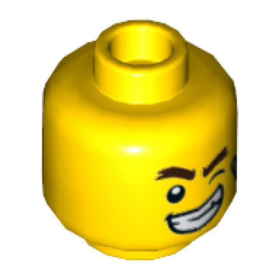 Minifigure, Head Dual Sided Bandage, Dark Brown Bushy Eyebrows, Winking Left Eye, Lopsided Big Smile / Scared Pattern - Hollow Stud