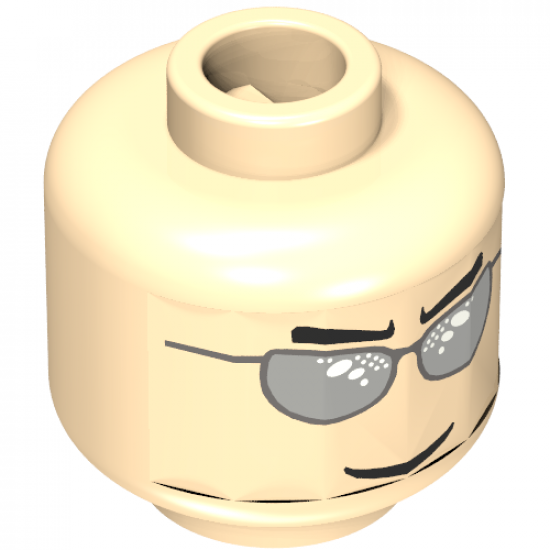 Minifigure, Head Glasses with Silver Sunglasses, Black Eyebrows Pointed, Thin Grin Pattern - Blocked Open Stud
