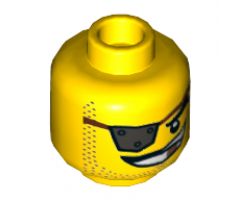 Minifigure, Head Male Eyepatch Silver with Rivets, Gold Tooth, Smile Pattern (MetalBeard) - Hollow Stud