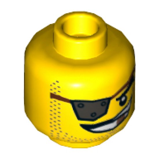 Minifigure, Head Male Eyepatch Silver with Rivets, Gold Tooth, Smile Pattern (MetalBeard) - Hollow Stud