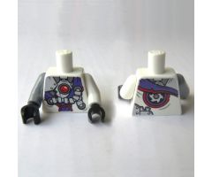 Torso Ninjago Robe with Purple Sash with Knot, Mechanical Parts and Silver Saw Blade Pattern / White Arm Left / Flat Silver Arm Right / Black Hands