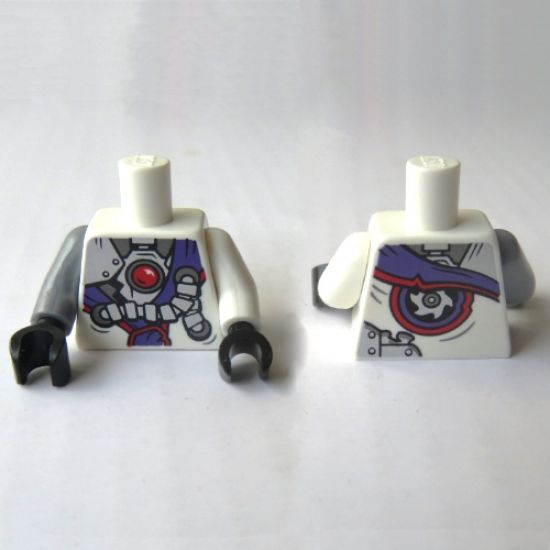 Torso Ninjago Robe with Purple Sash with Knot, Mechanical Parts and Silver Saw Blade Pattern / White Arm Left / Flat Silver Arm Right / Black Hands