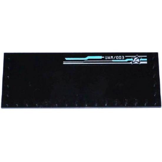 Tile, Modified 6 x 16 with Studs on Edges with Silver and Medium Azure Lines Pattern, 'UAM/003' and Ultra Agents Logo Pattern Model Left Side (Sticker) - Set 70173