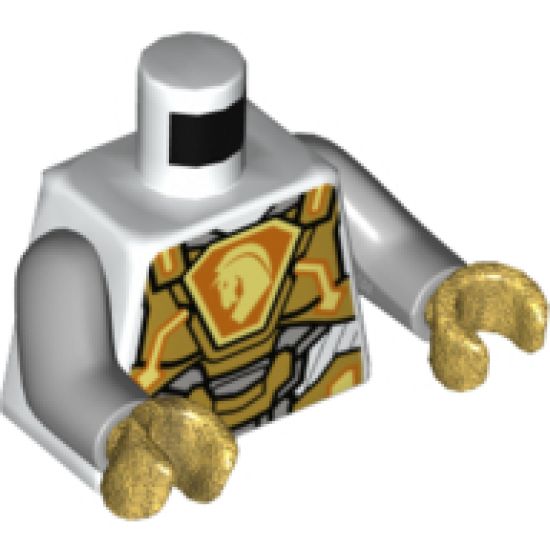 Torso Nexo Knights Armor, Metallic Gold Panels, Orange Emblem, Yellow Horse Head Pattern / Light Bluish Gray Arms / Pearl Gold Hands