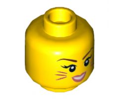 Minifigure, Head Dual Sided Female, Reddish Brown Eyebrows, Magenta Cat Whiskers, Coral Lips, Smiling / Singing with Closed Eyes Pattern - Hollow Stud