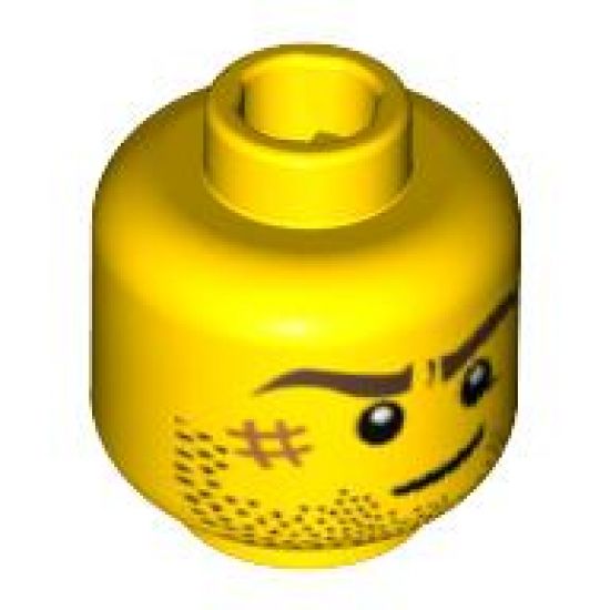 Minifigure, Head Beard Stubble, Brown Eyebrows, Crooked Smile, White Pupils and Scar Pattern - Blocked Open Stud
